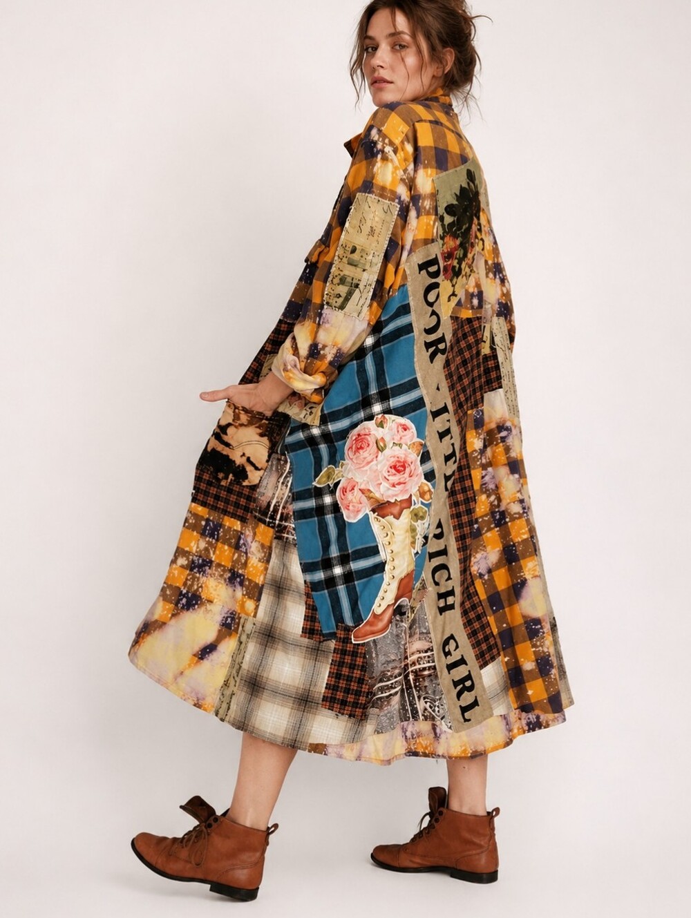 Designer Kimono Bohemian Duster Button-down Flannel Top Artisan Cottage Appliqué